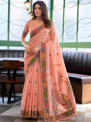 Peach Banarasi Saree With Blouse Piece