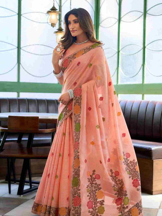 Peach Banarasi Saree With Blouse Piece