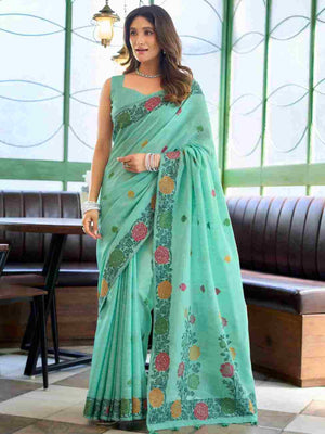 Firozi Banarasi Saree With Blouse Piece