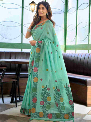 Firozi Banarasi Saree With Blouse Piece