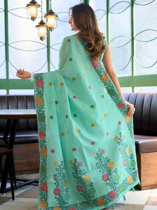 Firozi Banarasi Saree With Blouse Piece