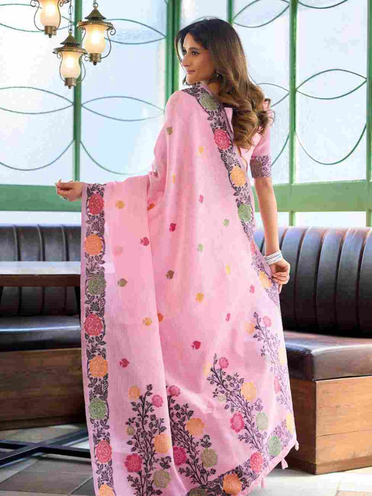 Pink Banarasi Saree With Blouse Piece