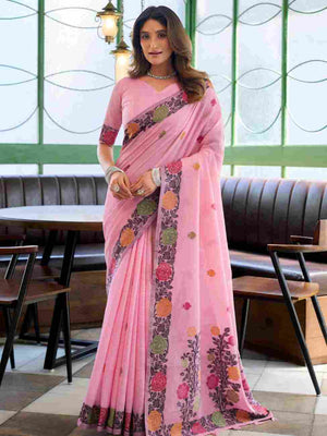 Pink Banarasi Saree With Blouse Piece
