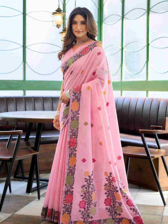 Pink Banarasi Saree With Blouse Piece