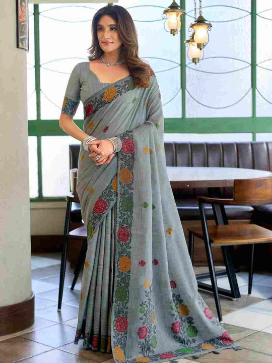 Gray Banarasi Saree With Blouse Piece