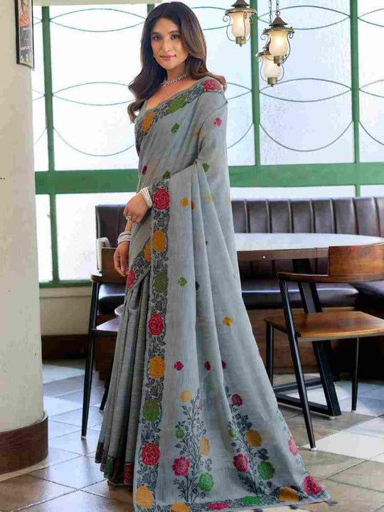 Gray Banarasi Saree With Blouse Piece