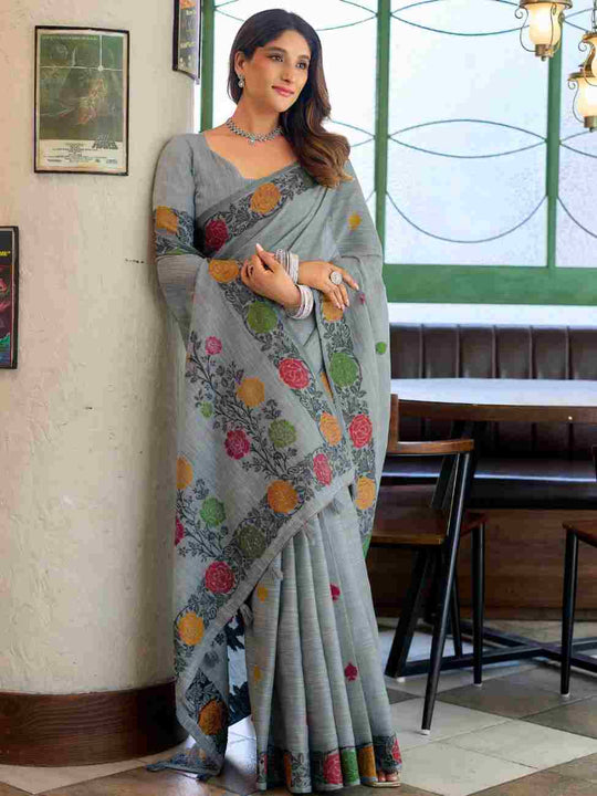 Gray Banarasi Saree With Blouse Piece