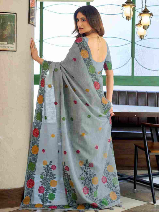 Gray Banarasi Saree With Blouse Piece