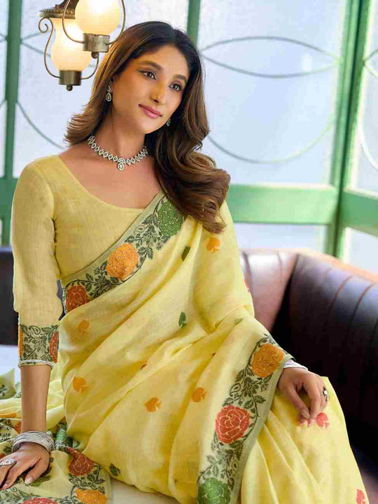 Yellow Banarasi Saree With Blouse Piece