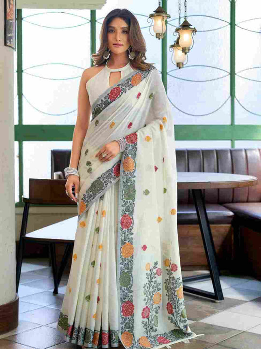 White Banarasi Saree With Blouse Piece