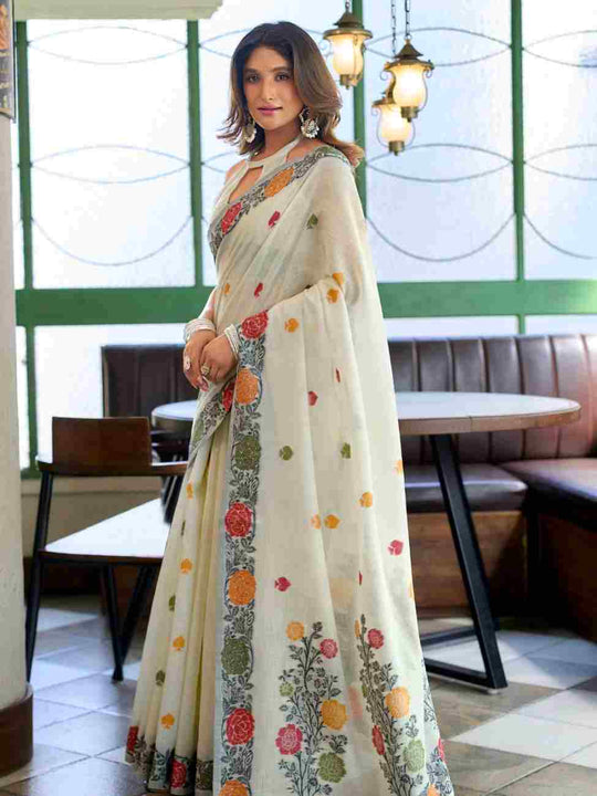 White Banarasi Saree With Blouse Piece
