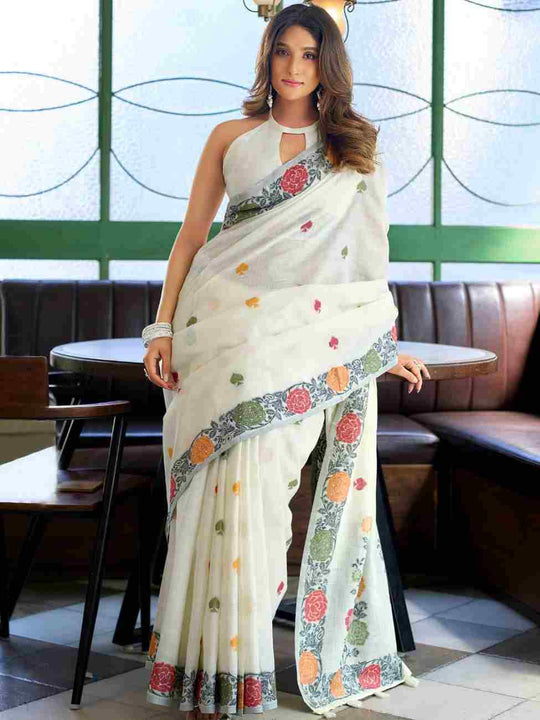 White Banarasi Saree With Blouse Piece