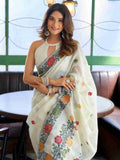White Banarasi Saree With Blouse Piece
