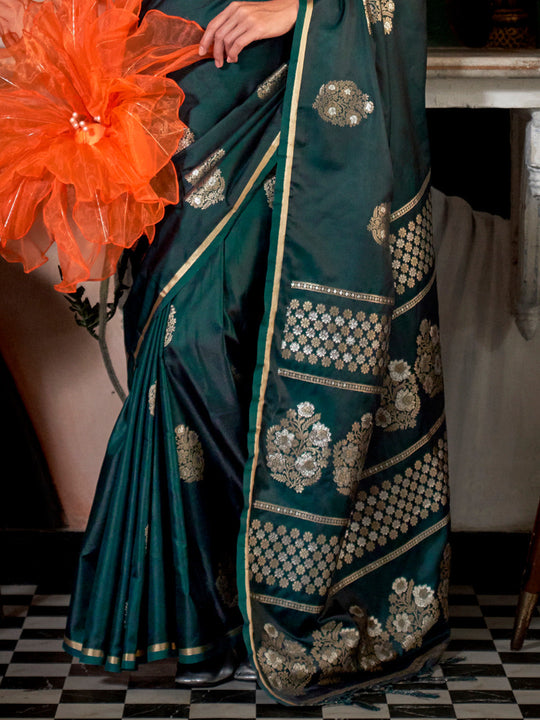Green Satin Silk Saree With Blouse Piece