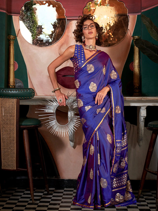 Violet Satin Silk Saree With Blouse Piece