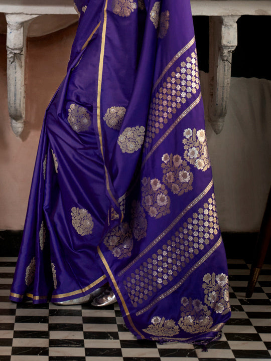 Purple Satin Silk Saree With Blouse Piece