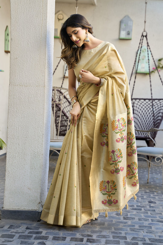 Cream Paithani Saree With Blouse Piece