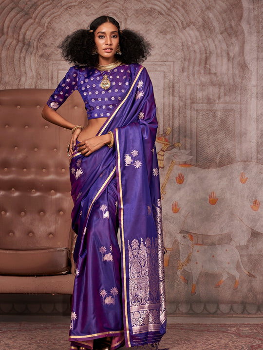 Purple Satin Festive Wear Saree With Blouse Piece