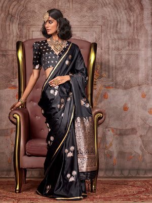 Black Satin Festive Wear Saree With Blouse Piece