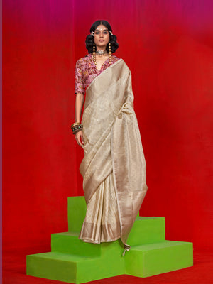 Cream Pure Self Zari Tissue Handloom Silk Saree With Blouse Piece