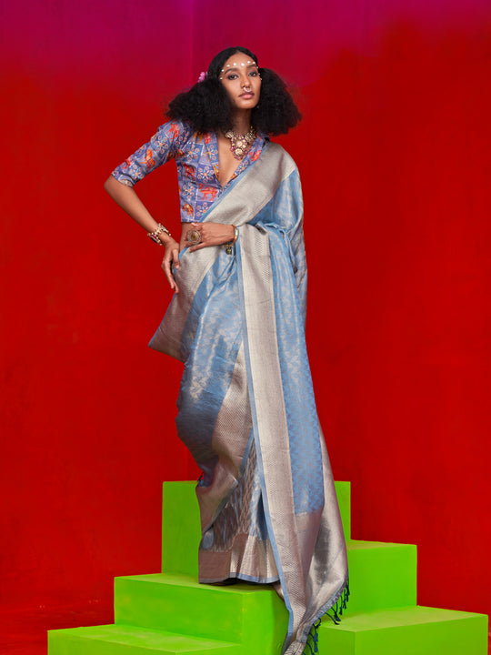 Blue Pure Self Zari Tissue Handloom Silk Saree With Blouse Piece