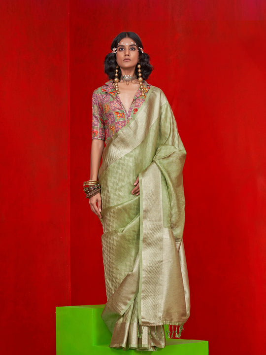 Green Pure Self Zari Tissue Handloom Silk Saree With Blouse Piece