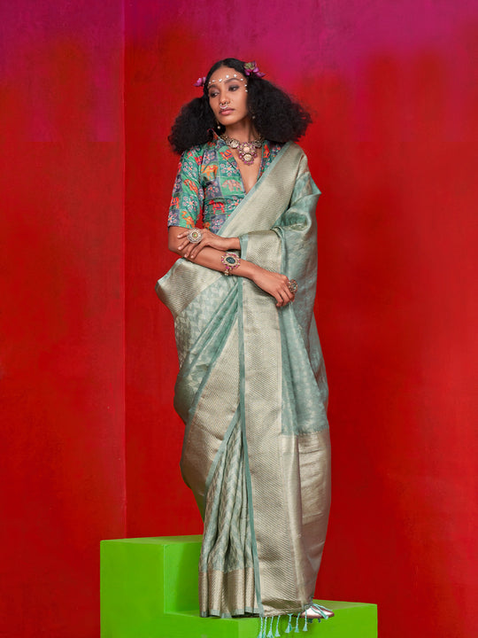 Rama Pure Self Zari Tissue Handloom Silk Saree With Blouse Piece