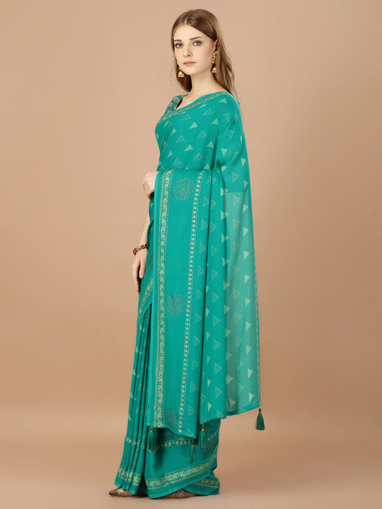 Green  Georgette Festive Wear Saree With Blouse Piecde