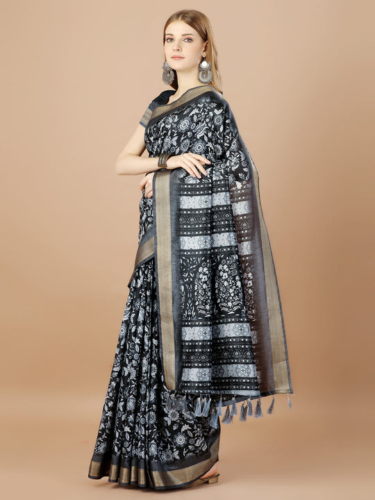Black Paper Silk Daily Wear Saree With Blouse Piecde