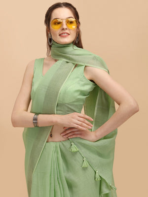 Green Linen Saree With Blouse Piece