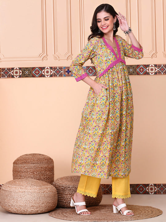 Floral Printed V-Neck Empire Pure Cotton Kurta with Trousers