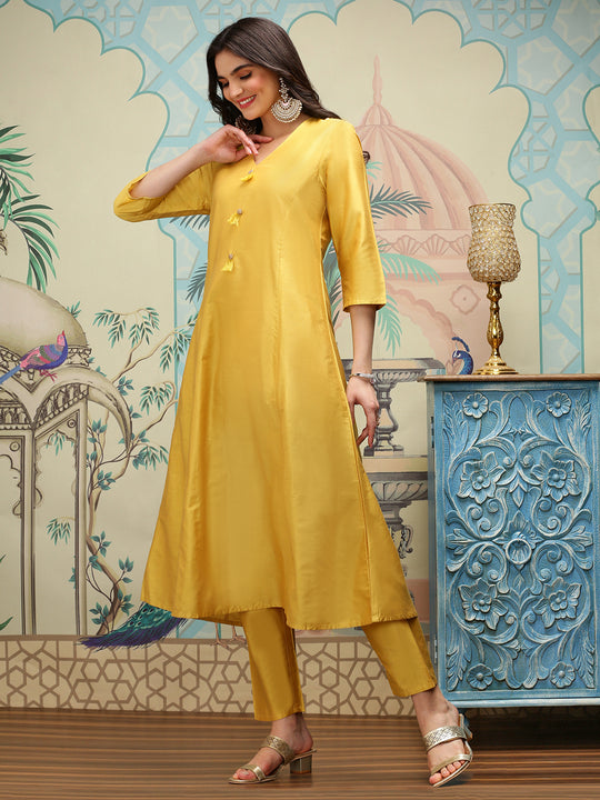 Solid V-Neck Three-Quarter Sleeves Kurta with Trousers & With Dupatta
