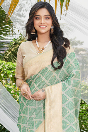 Green Cotton Thread Work Saree With Blouse Piece