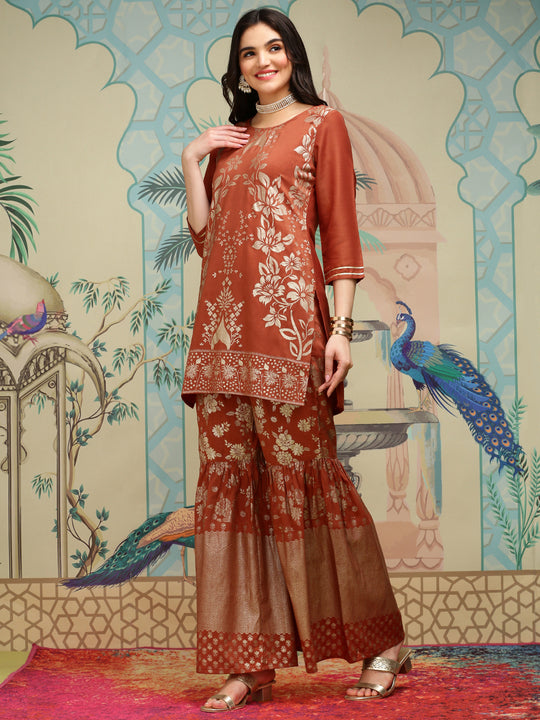 Floral Printed Round Neck Three-Quarter Sleeves Kurti with Sharara & With Dupatta