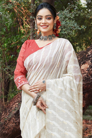 White Cotton Saree With Blouse Piece