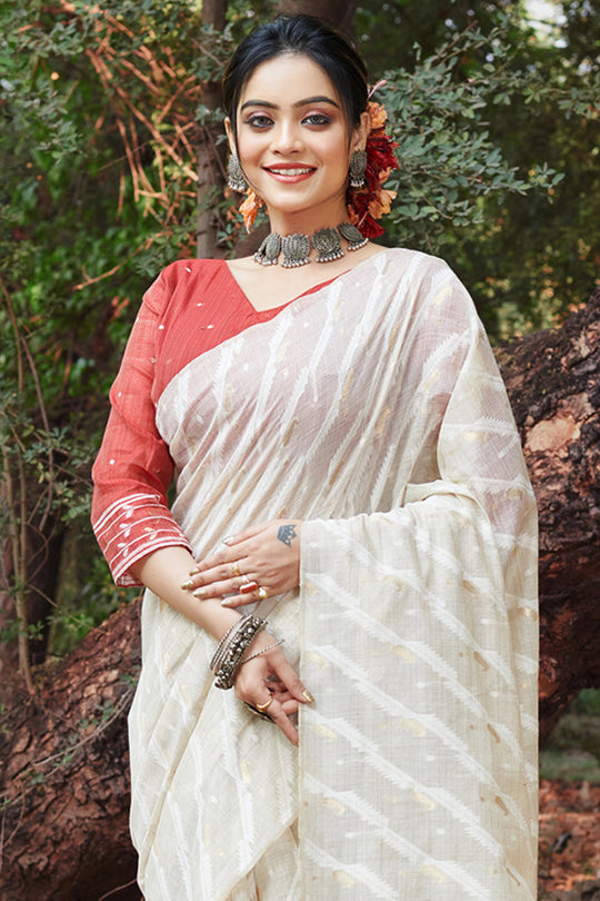 White Cotton Saree With Blouse Piece