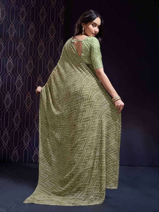 Green Georgette Swarovski Stone Embellished Printed Saree With Blouse Piece