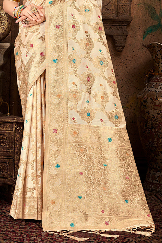 Cream Silk Saree With Blouse Piece