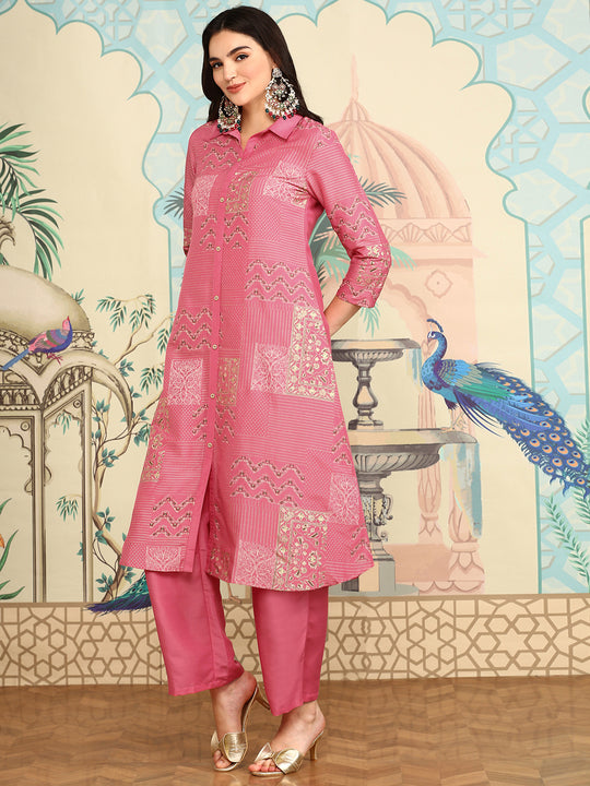 Floral Printed Regular Three-Quarter Sleeves Shirt Collar Kurta with Trousers