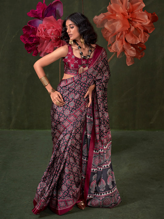 Red Printed Ajarakh - Satin Crepe Saree With Blouse Piece
