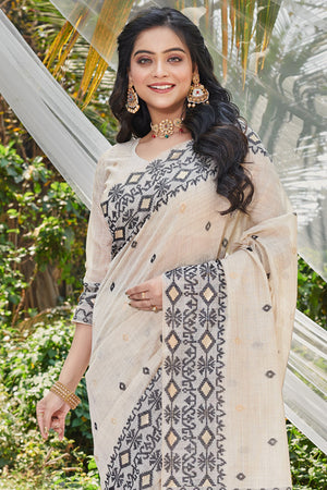 White Cotton Saree With Blouse Piece