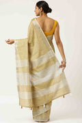 Womens Linen Blend Yellow Saree With Blouse Piece