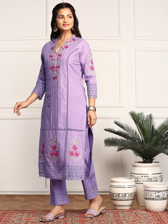 Purple Floral Embroidered Schiffli Pure Cotton Kurta With Trousers & Dupatta