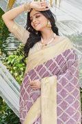 Purple Cotton Thread Work Saree With Blouse Piece