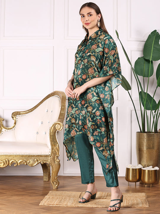 Green Floral Printed Asymmetric Kimono Sleeve Kaftan Kurta with Trousers