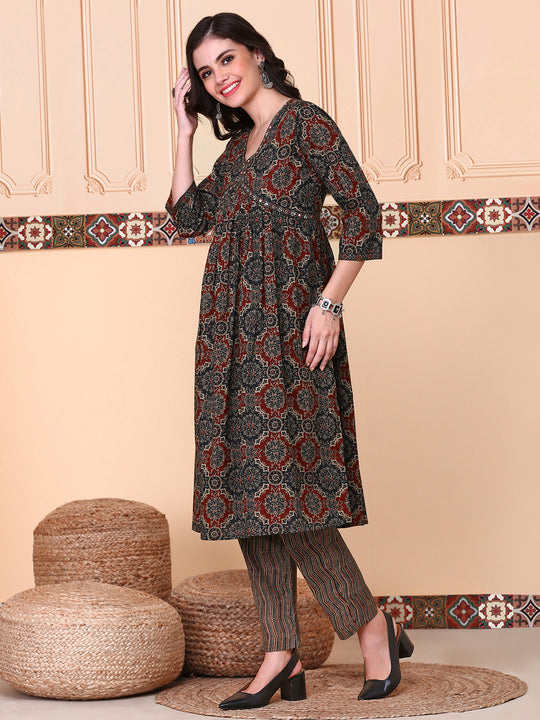 Floral Printed V-Neck Three-Quarter Sleeves Angrakha Pure Cotton Kurta Set