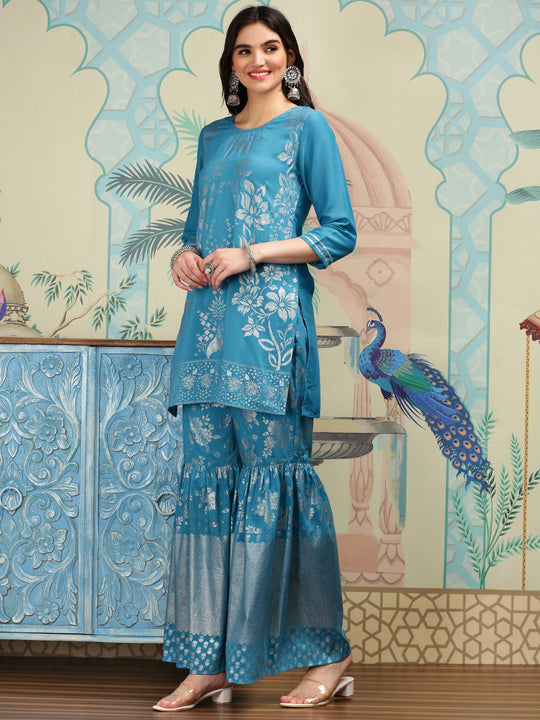 Floral Printed Straight Round Neck Kurti With Sharara & Dupatta