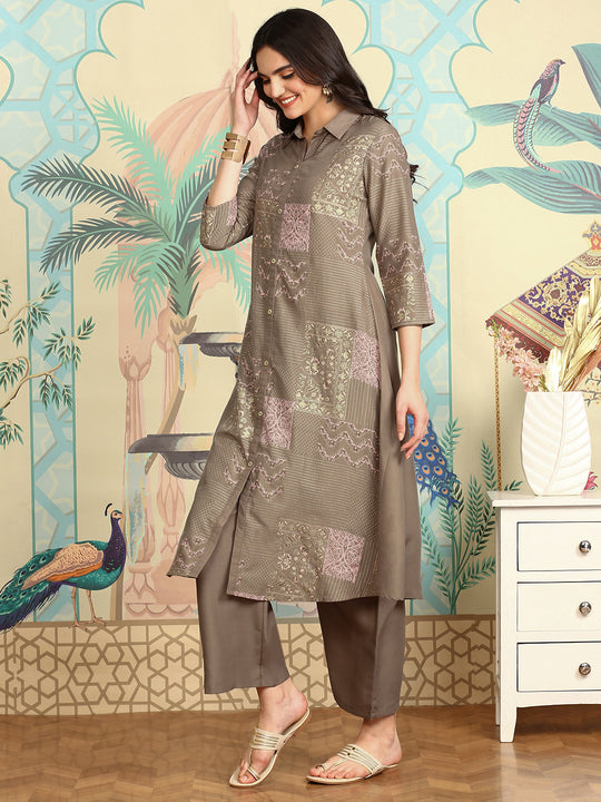 Floral Printed Regular Three-Quarter Sleeves Shirt Collar Kurta with Trousers