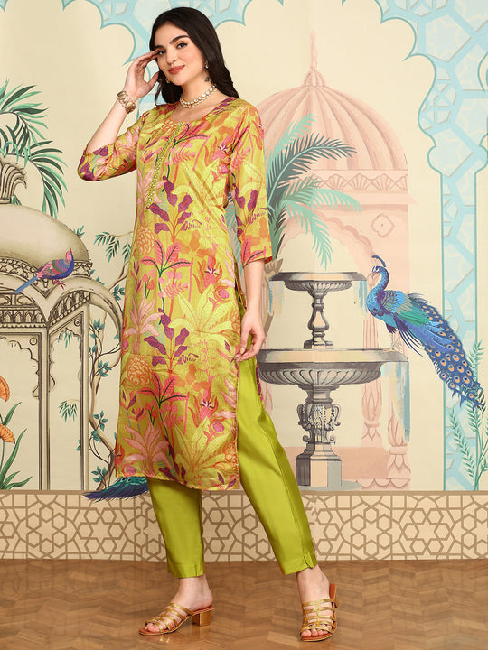 Yellow Floral Printed Straight Kurta With Trousers & Dupatta