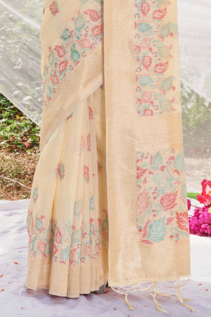 Cream Cotton Saree With Blouse Piece